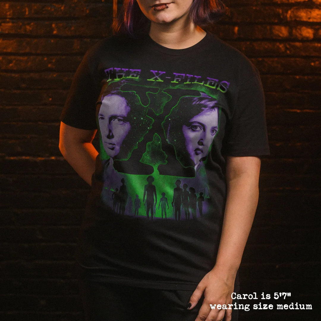 model wear soft premium tee with x-files graphic

