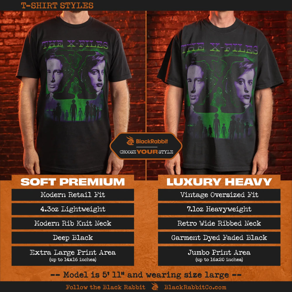 Comparison of two black X-Files graphic t-shirt styles for men.