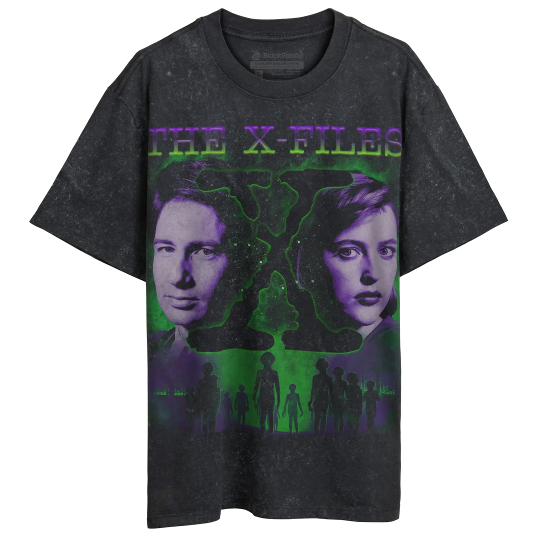 A dark gray, short-sleeved t-shirt with a vibrant green and purple graphic featuring characters from ’The X-Files.’