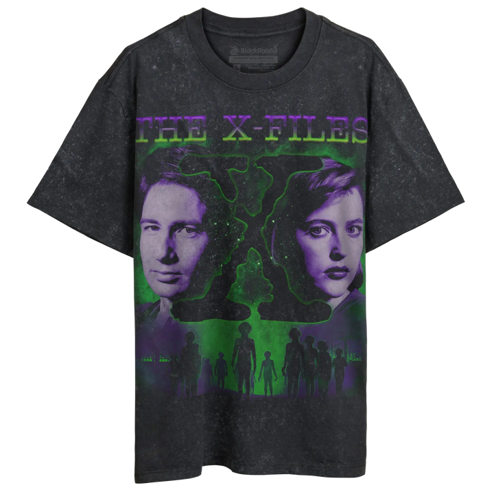 A dark gray, short-sleeved t-shirt with a vibrant green and purple graphic featuring characters from ’The X-Files.’