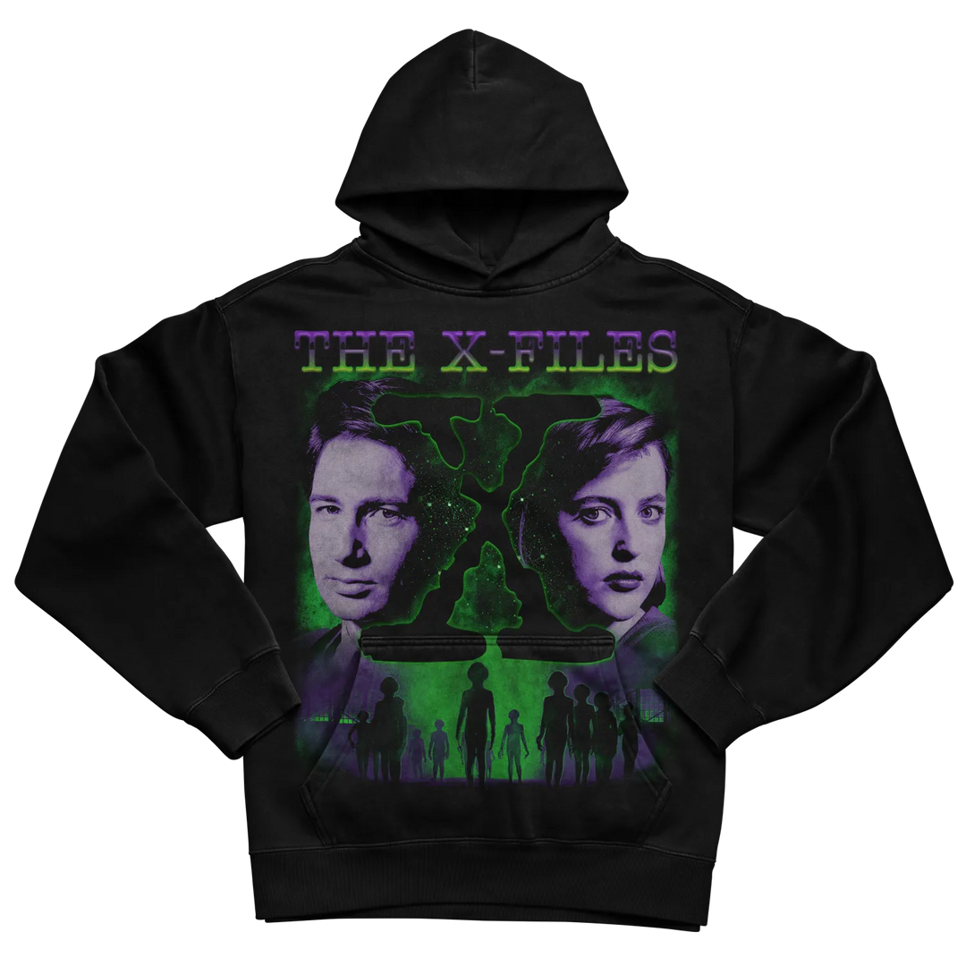 Glow-in-the-dark x-files hoodie with green and purple accents, featuring mulder and scully silhouettes.