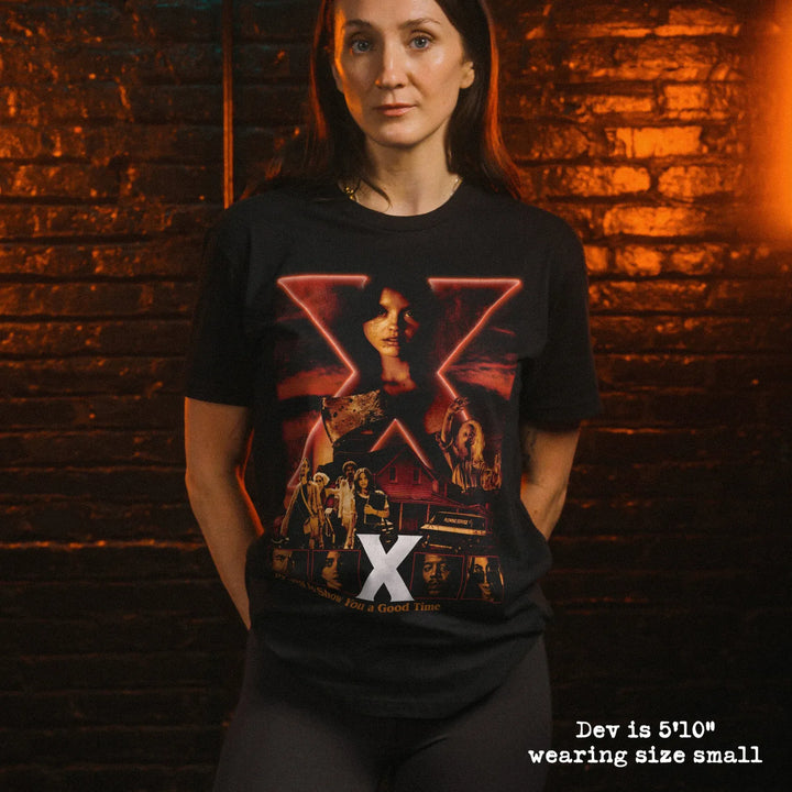 model wear soft premium tee with X graphic
