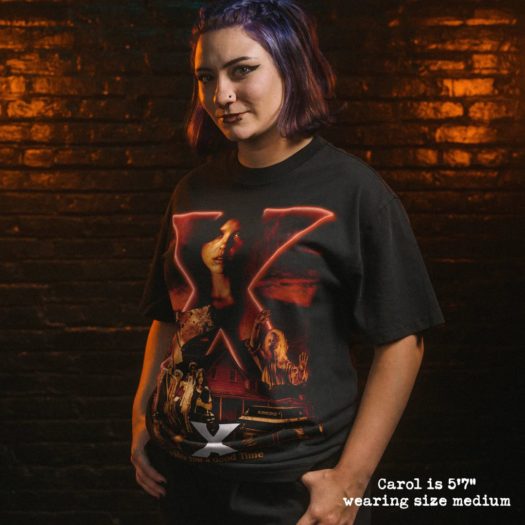 Model wearing heavy tee with X graphic 