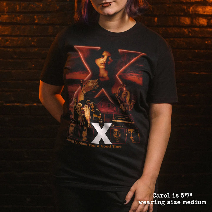 model wear soft premium tee with X graphic
