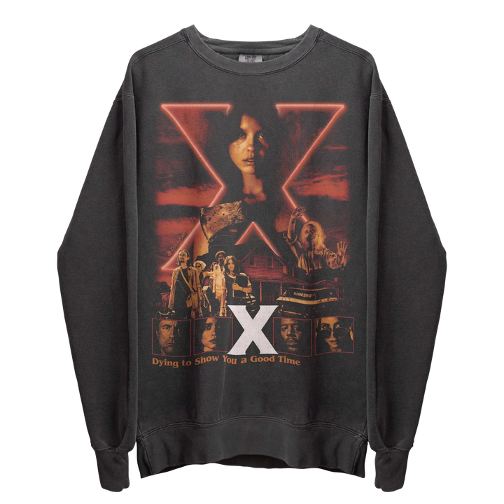 Distressed black long-sleeve crewneck sweatshirt with a large graphic print.