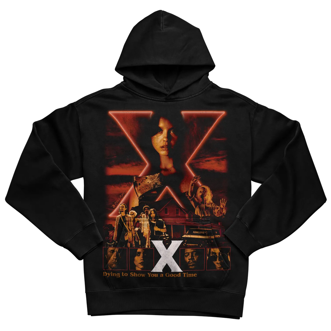 Black hoodie with graphic design of movie poster and neon ’x’