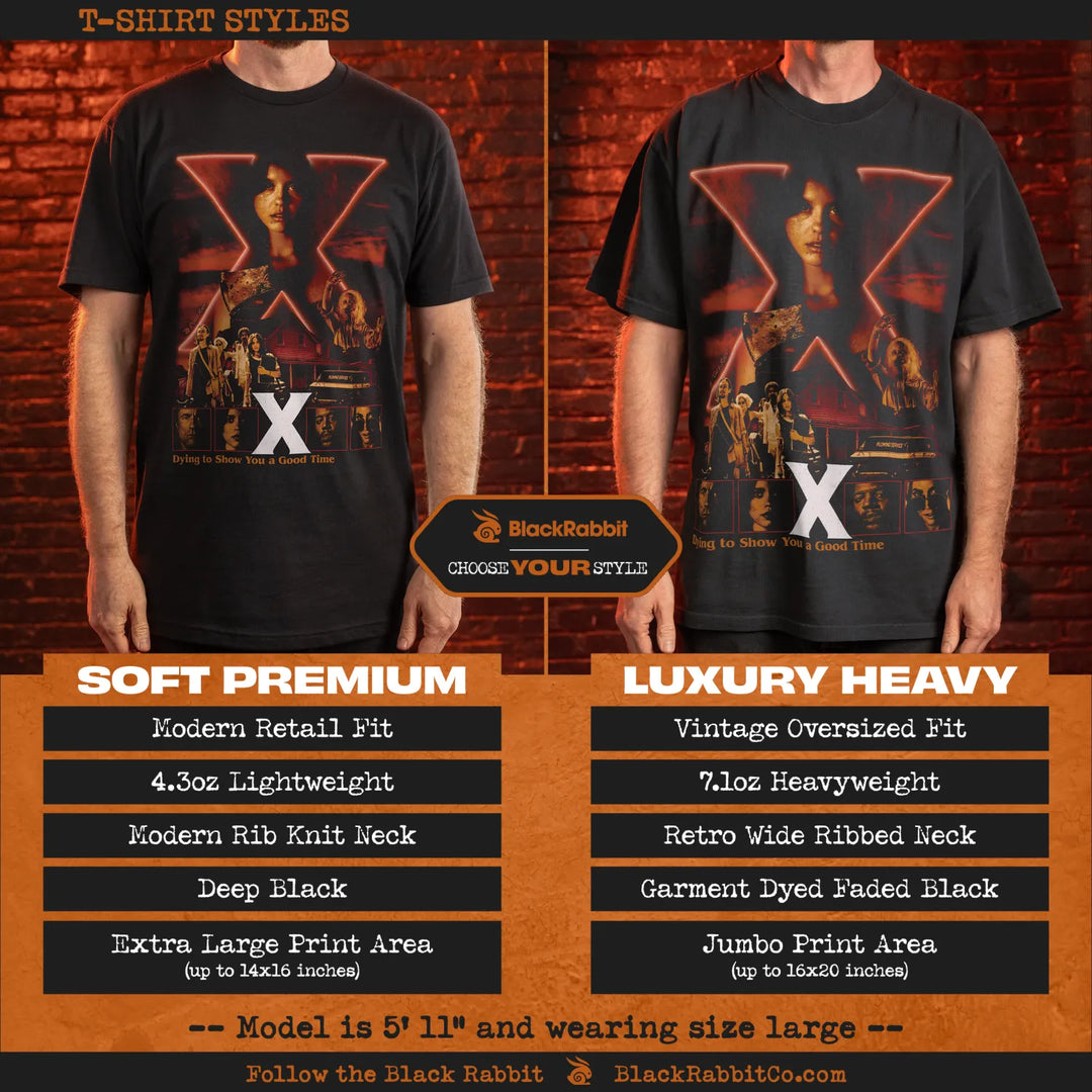 Two black t-shirts with a graphic print of a woman and the letter ’X’ on the front, one ’Soft Premium’ and one ’Luxury Heavy’.