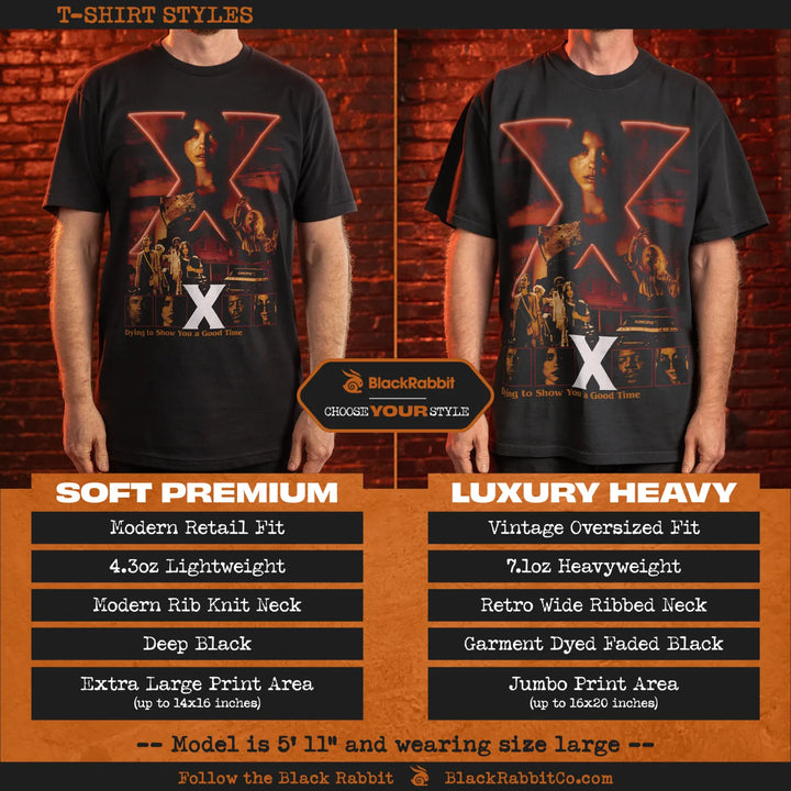 Two black t-shirts with a graphic print of a woman and the letter ’X’ on the front, one ’Soft Premium’ and one ’Luxury Heavy’.