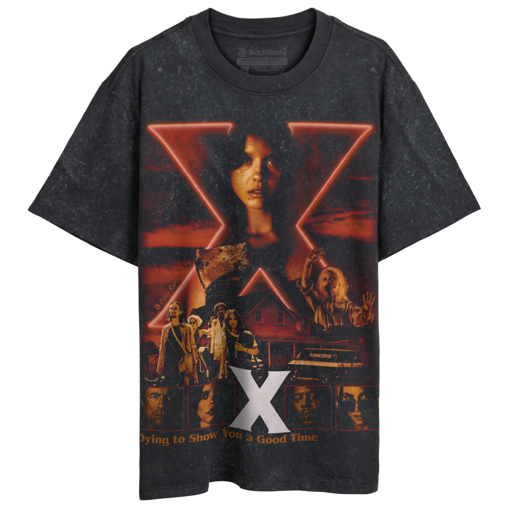 Dark gray graphic t-shirt with a movie poster design featuring a woman’s face, other characters, and a large red ’X’.