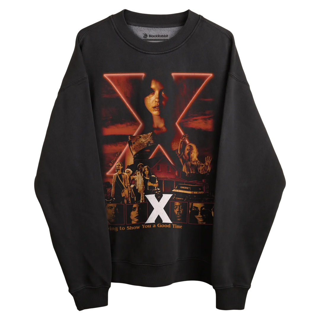 Black long-sleeved sweatshirt with graphic design featuring a red neon ’x’ and text.