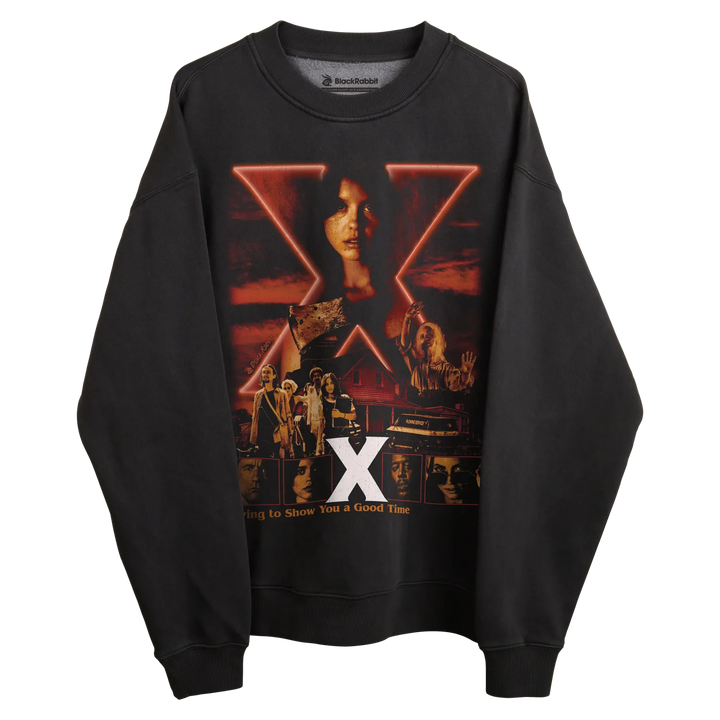 Black long-sleeved sweatshirt with graphic design featuring a red neon ’x’ and text.