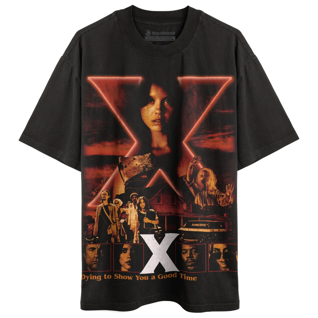 Black graphic t-shirt featuring a movie poster for ’X.’