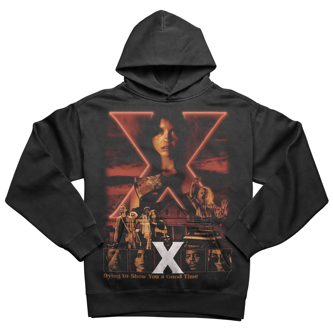 Black hoodie with a horror movie-themed graphic print.