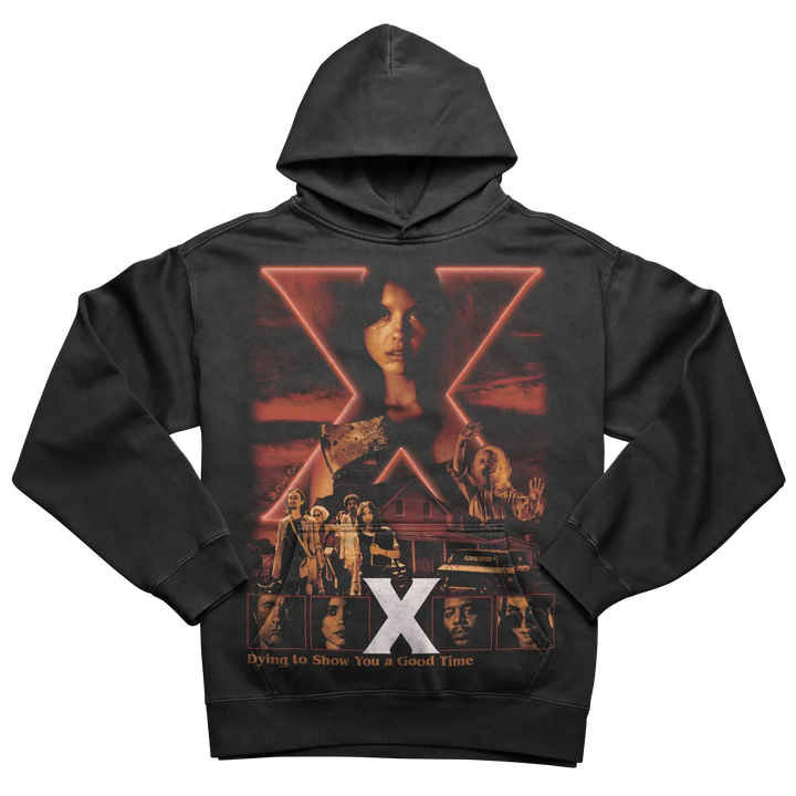 Black hoodie with a horror movie-themed graphic print.