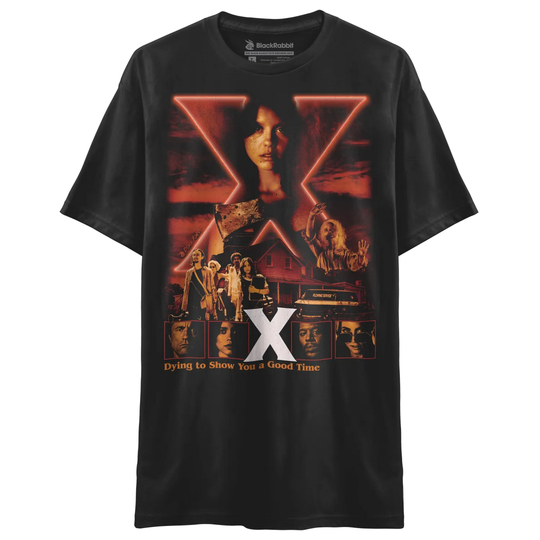 Black T-shirt with a movie poster graphic.