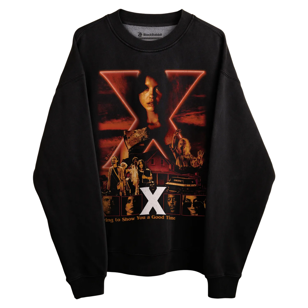 Black sweatshirt with movie poster design featuring ’x’ and characters.