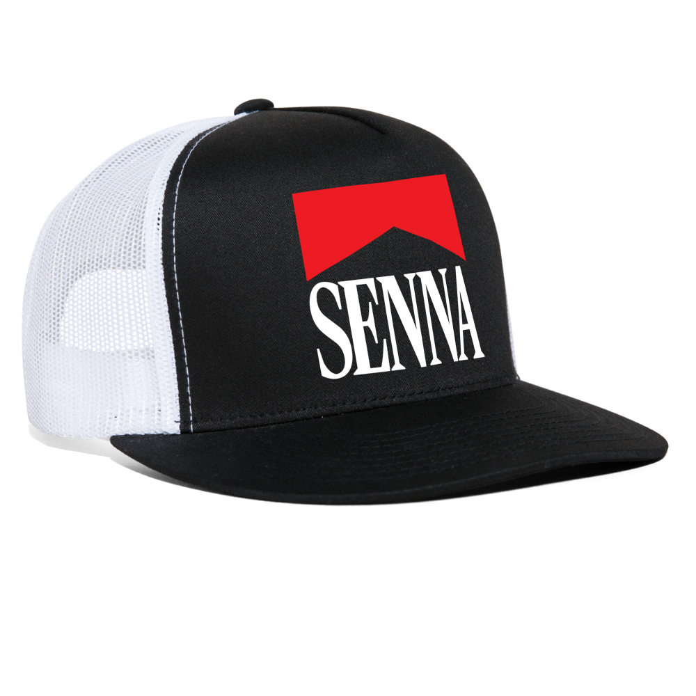 Ayrton Senna Cigarette Logo Trucker Hat Retro 90s Racing Mesh Cap - black/white