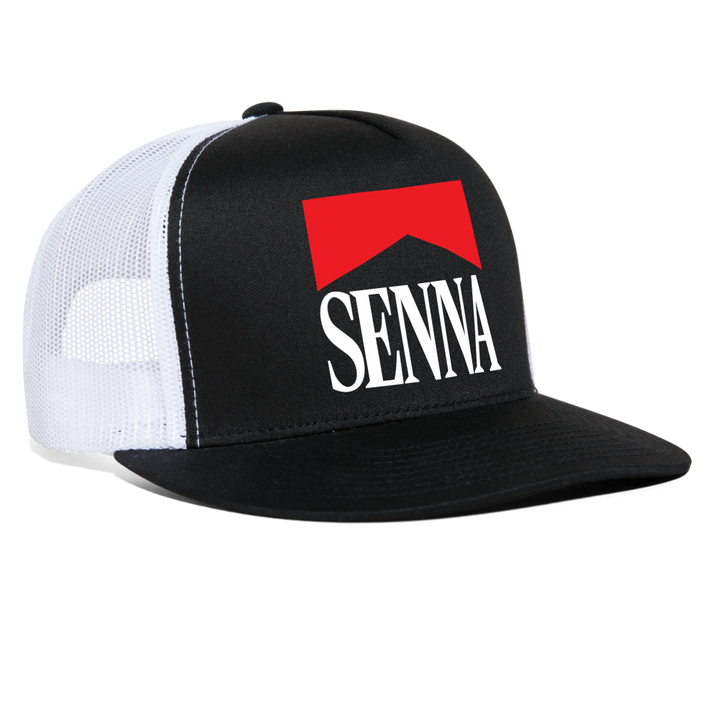 Ayrton Senna Cigarette Logo Trucker Hat Retro 90s Racing Mesh Cap - black/white