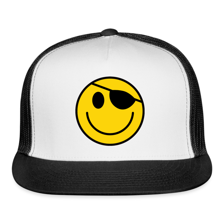Hackers Movie Smiley Face Logo Trucker Hat Retro 90s Mesh Cap - white/black