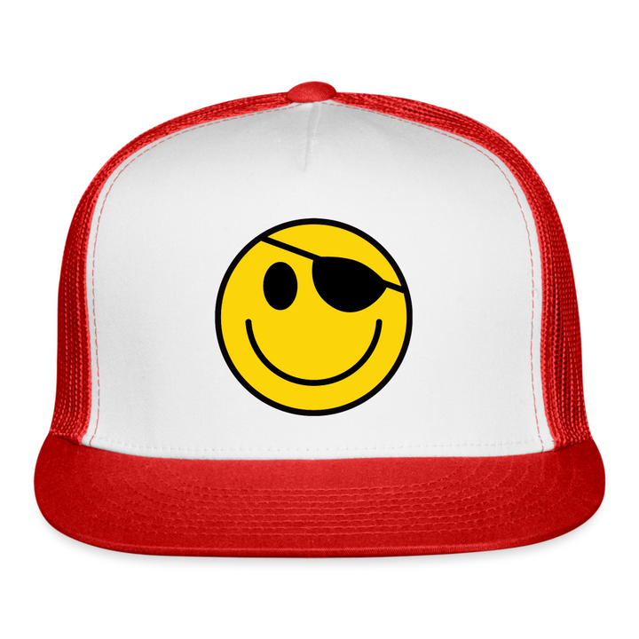 Hackers Movie Smiley Face Logo Trucker Hat Retro 90s Mesh Cap - white/red